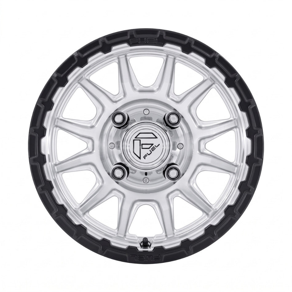 Fuel UTV FV866 Piston 15x7 Inch Wheel with Hyper Silver Machined Finish and Matte Black Lip close up of wheel face and spoke design