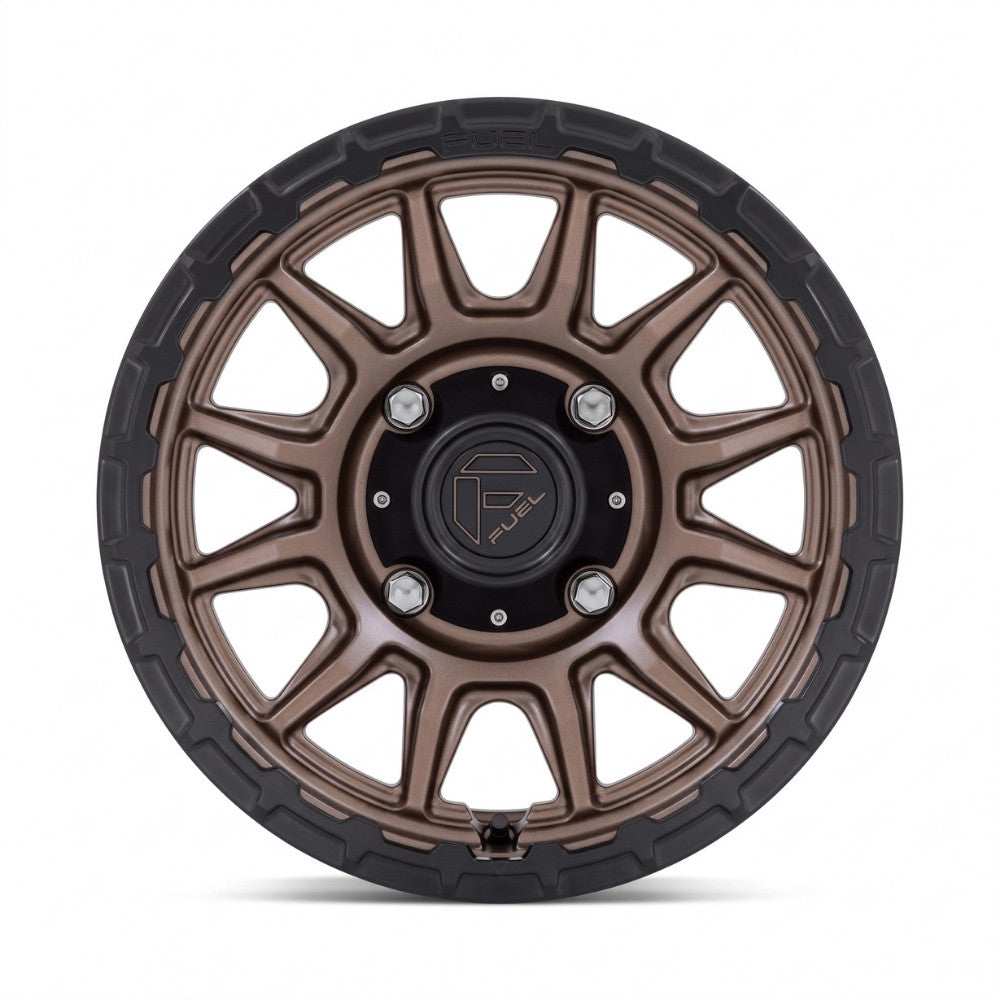 Fuel UTV FV866 Piston 15x7 Wheel with Matte Bronze Finish, 5x114.3 Bolt Pattern. Close up of the face of the wheel showing colors and spoke design