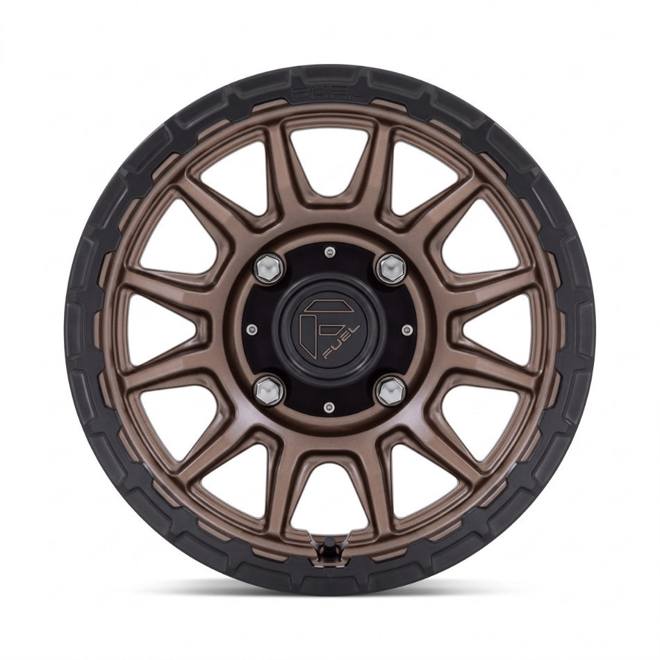 Fuel UTV FV866 Piston 15x7 Wheel with Matte Bronze Finish, 5x114.3 Bolt Pattern. Close up of the face of the wheel showing colors and spoke design