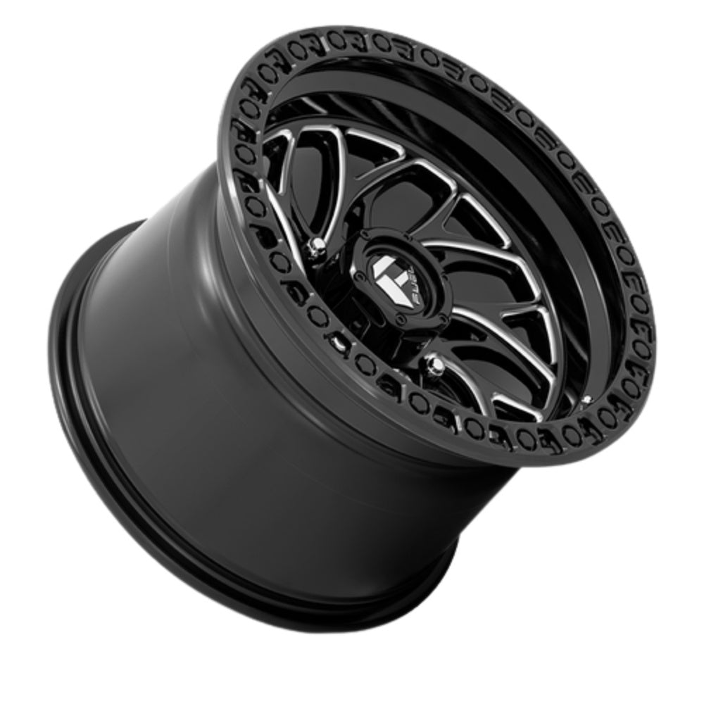 Fuel UTV Runner Simulated Beadlock UTV Wheel- Gloss Black Milled on a slight angle showing slightly larger and longer body of the wheel