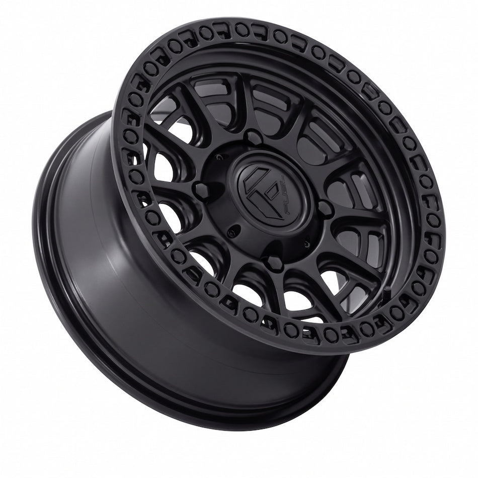 Fuel UTV FV832 CYCLE UTV 15x7 Matte Black with Gloss Black Lip Wheel shown at an angle on white background