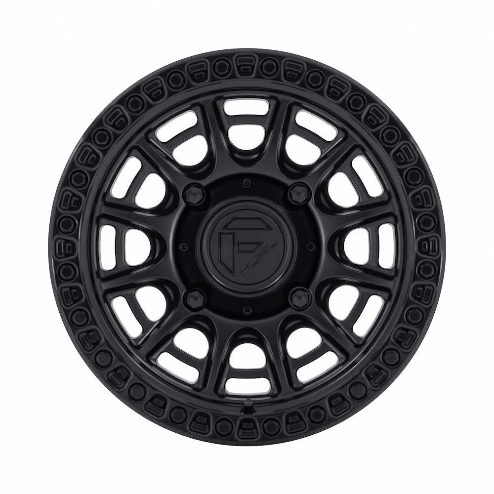 Fuel UTV FV832 CYCLE UTV 15x7 Matte Black with Gloss Black Lip Wheel front facing on a white background