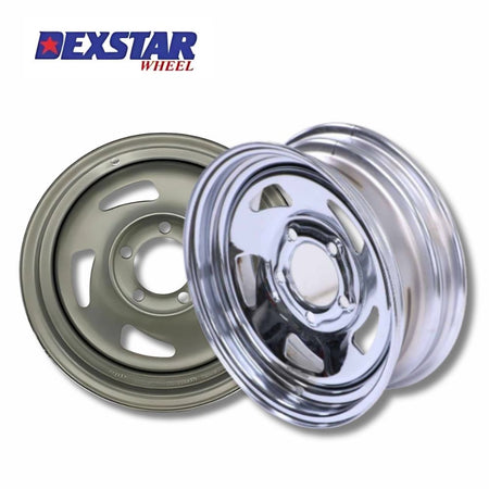 Dexstar Chrome and Silver Directional Steel trailer wheels with Dexstar logo