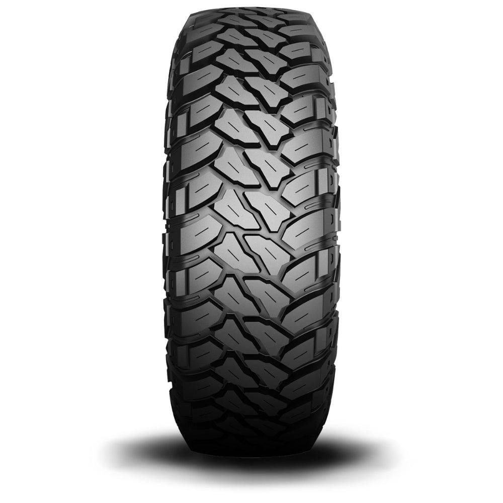 Close up view of the aggressive tread pattern and lug design of the heavy duty Klever M/T trailer tire.