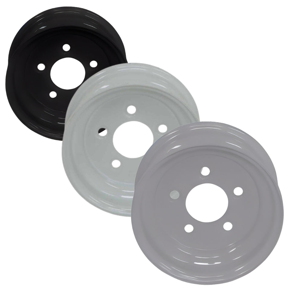 8" Kenda Steel Solid Center Trailer Wheels (8x3.75 / 4-4.0 Bolt Pattern)- Black, white and silver