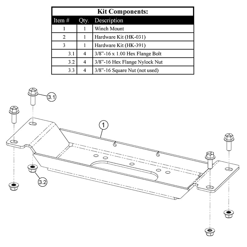 Winch mount 101980 diagram and list of components included in the kit sold by Ride or Die Tire, all with free shipping.