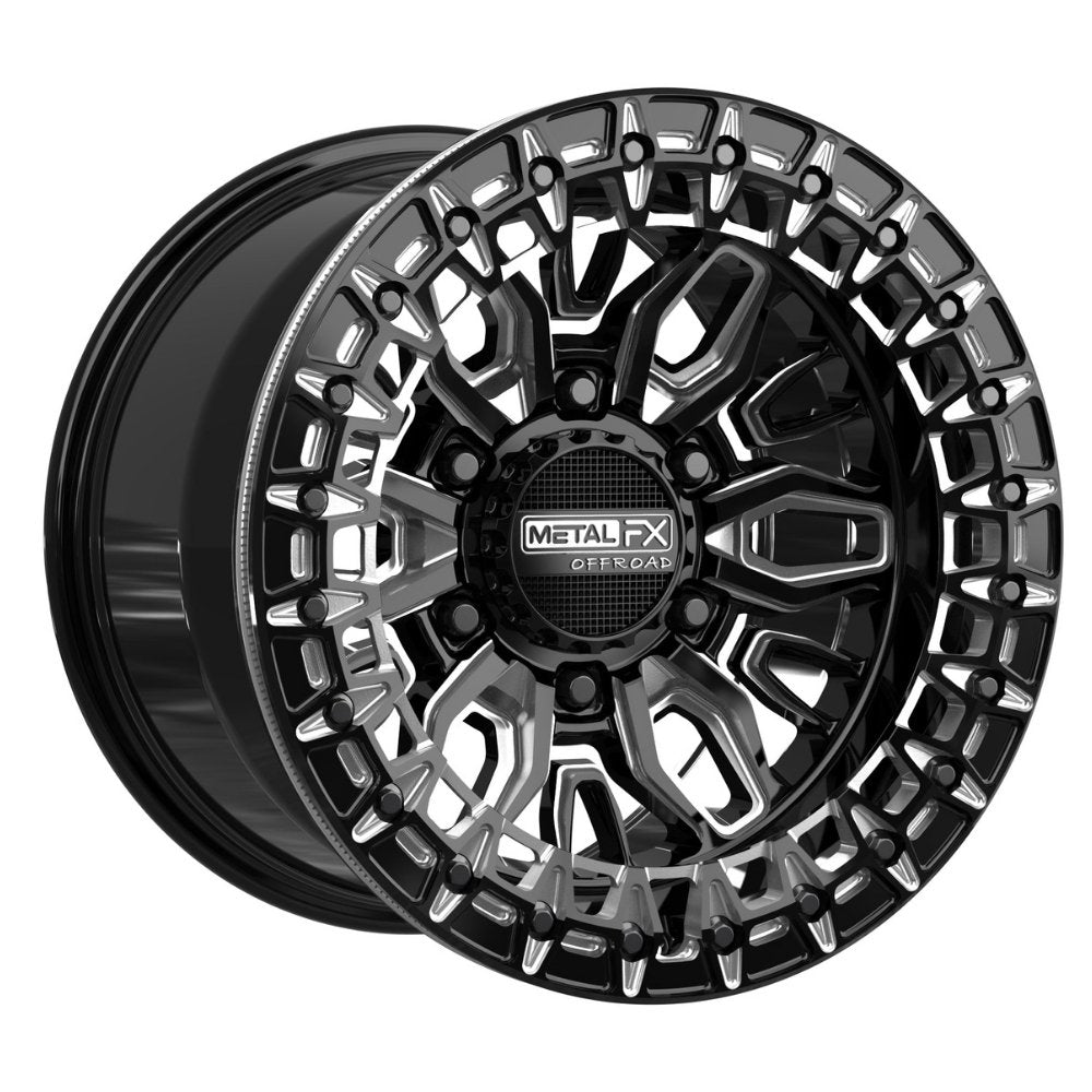Angled view of the Metal FX Offroad Mayhem 6R Beadlock UTV and SXS wheel for UTV's with 6-lug wheels, in 15x8 size with Gloss Black Contrast Cut finish, offered with fast and free shipping, Part # 98881.