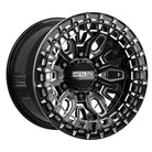 Angled view of the Metal FX Offroad Mayhem 6R Beadlock UTV and SXS wheel for UTV's with 6-lug wheels, in 15x8 size with Gloss Black Contrast Cut finish, offered with fast and free shipping, Part # 98881.