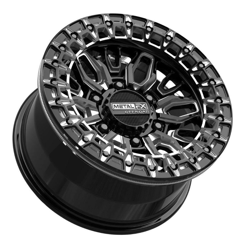 Lower angled view of the Metal FX Offroad Mayhem 6R Beadlock UTV and SXS wheel for UTV's with 6-lug wheels, in 15x8 size with Gloss Black Contrast Cut finish, offered with fast and free shipping, Part # 98881.