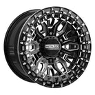 Angled view of the Metal FX Offroad Mayhem 6R Beadlock UTV and SXS wheel for UTV's with 6-lug wheels, in 15x10 size with Gloss Black Contrast Cut finish, offered with fast and free shipping, Part # 98891.