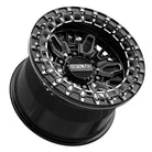 Lower angled view of the Metal FX Offroad Mayhem 6R Beadlock UTV and SXS wheel for UTV's with 6-lug wheels, in 15x10 size with Gloss Black Contrast Cut finish, offered with fast and free shipping, Part # 98891.
