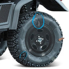 Photo demonstrating the extreme puncture and hole resistance of the OTR NDX air-less tires designed for utility, and lawn and garden vehicle applications, virtually eliminating downtime from flat and damaged tires.