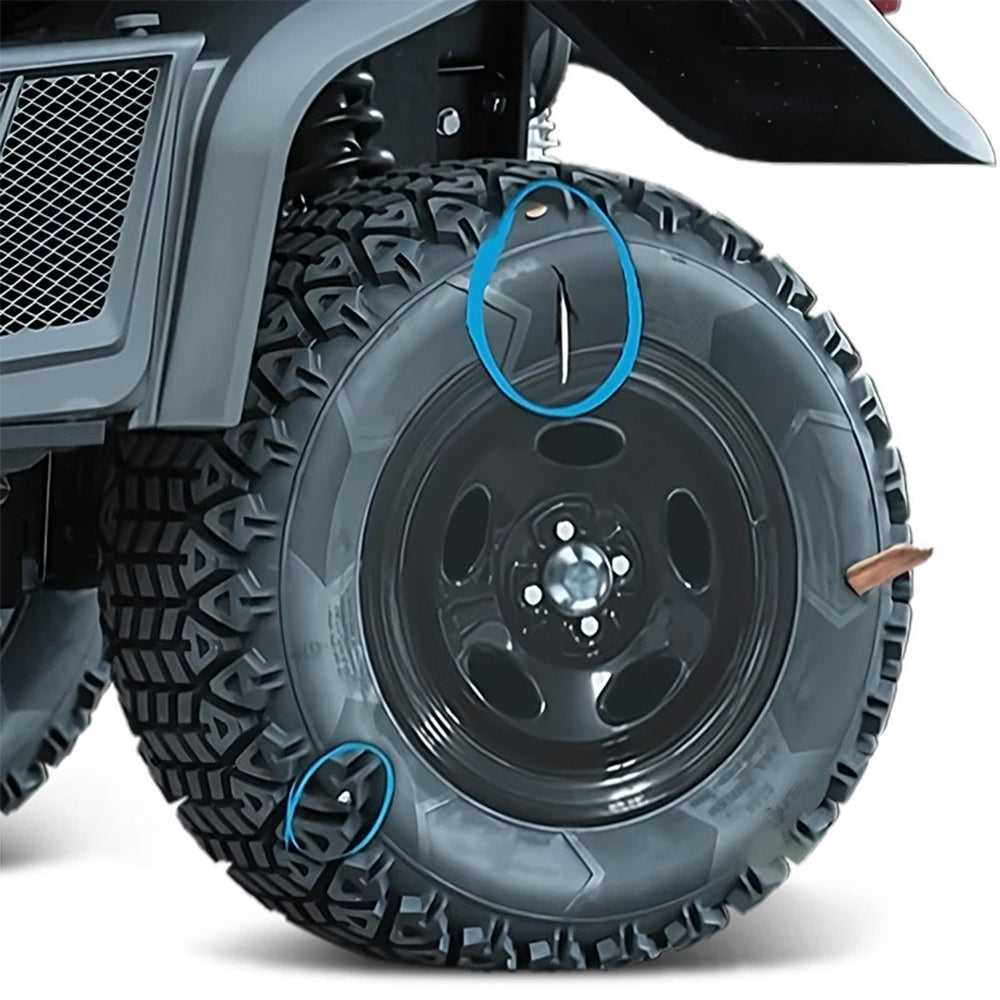 Photo demonstrating the extreme puncture and hole resistance of the OTR NDX air-less tires designed for utility, and lawn and garden vehicle applications, virtually eliminating downtime from flat and damaged tires.