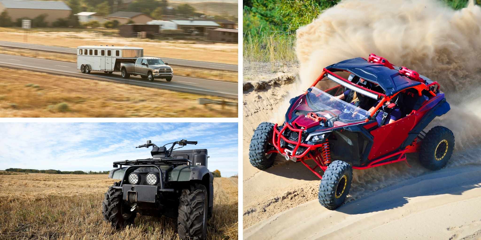 Picture Collage of UTV, ATV, and trailer driving