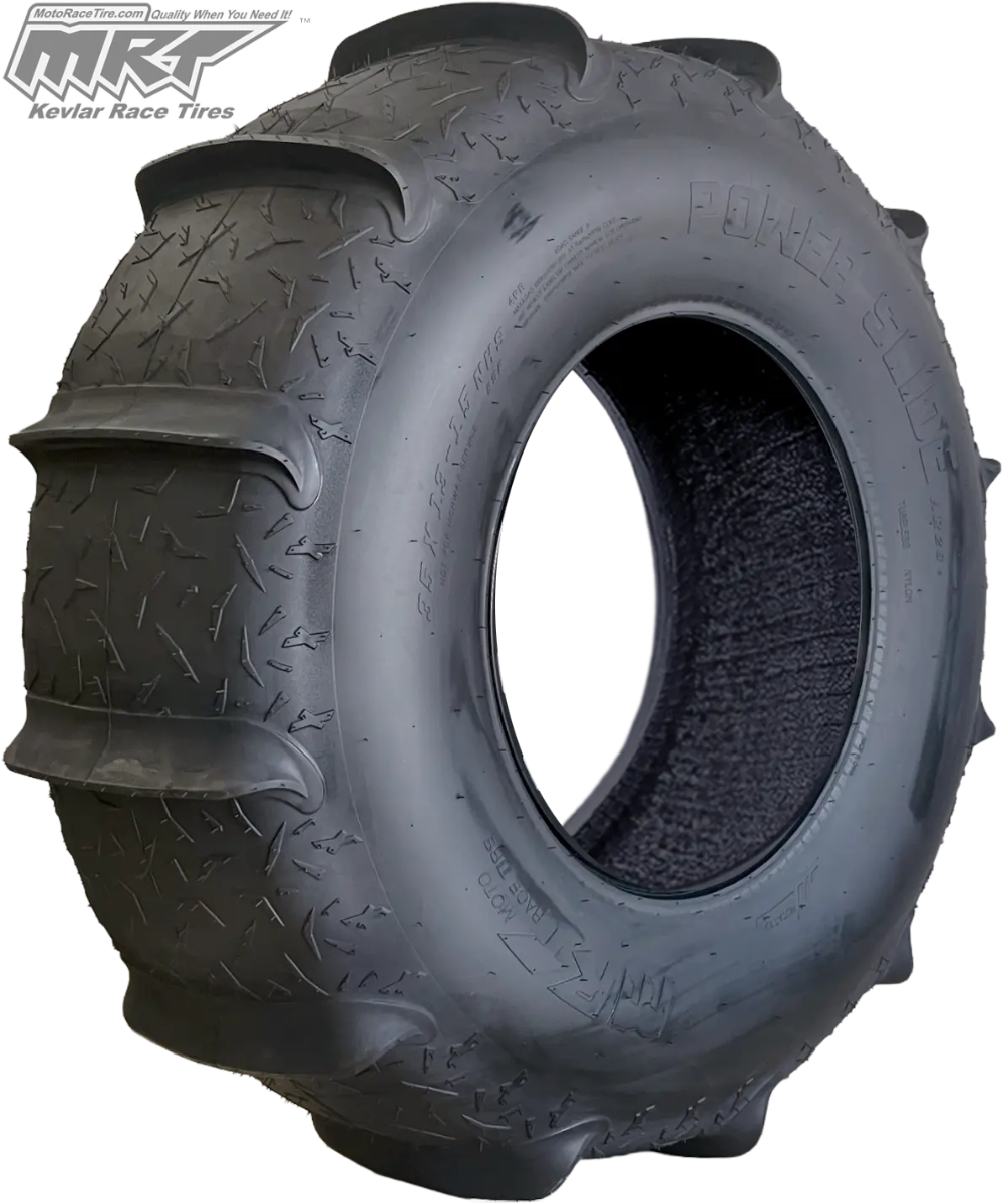 Angled view of the MRT Power Slide rear paddle tire for sand and dunes, featuring a 12-paddle design and radial 4-ply construction, offered for sale with free shipping by authorized dealer Ride or Die Tire.