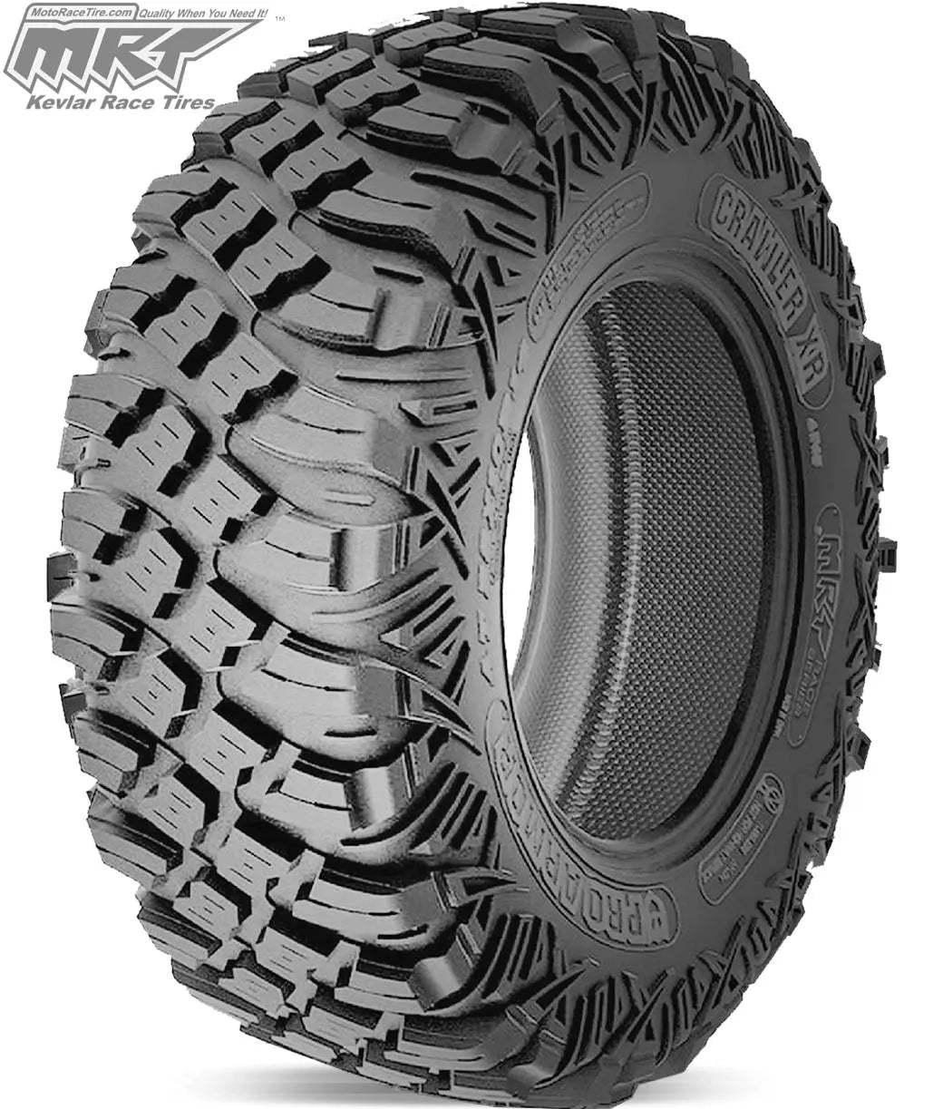 Angled view of the high performance competition lightweight super strong MRT Race UTV 8-ply Kevlar reinforced radial tire, all sizes available with free shipping from authorized dealer Ride or Die Tire.