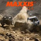 Maxxis Tires tires promo photograph of rock buggies competing in the mountains.