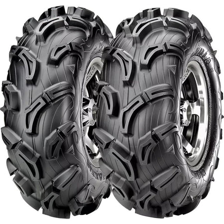 Set of front and rear Maxxis® Zilla UTV Tires, mounted on wheels and inflated to proper PSI for display purposes, offered with free shipping.