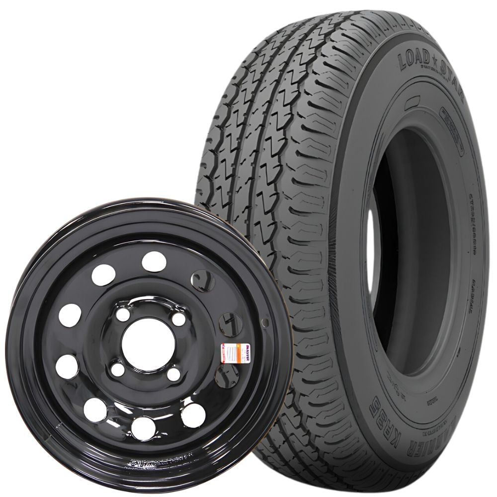 Karrier (KR35) ST185/80R13 Radial Trailer Tire (Load Range E) - 13" Steel MOD Black Wheel (4 on 4.0 Bolt Pattern) | Kenda®