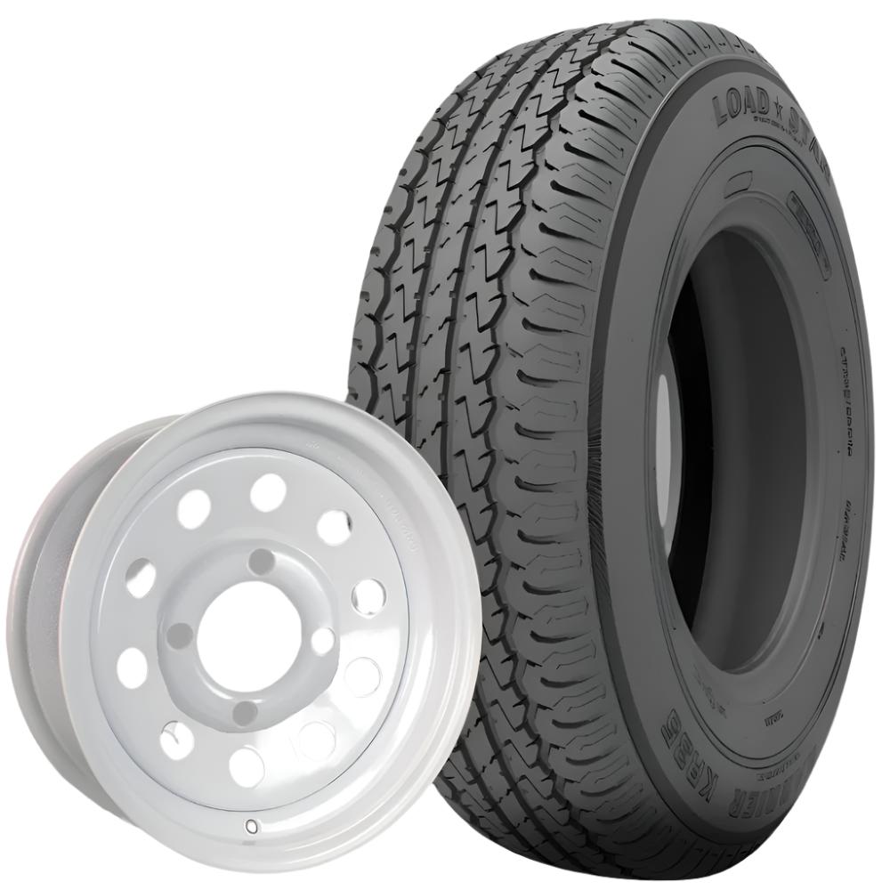 Karrier (KR35) ST185/80R13 Radial Trailer Tire (Load Range E) - 13" Steel MOD White Wheel (4 on 4.0 Bolt Pattern) | Kenda®