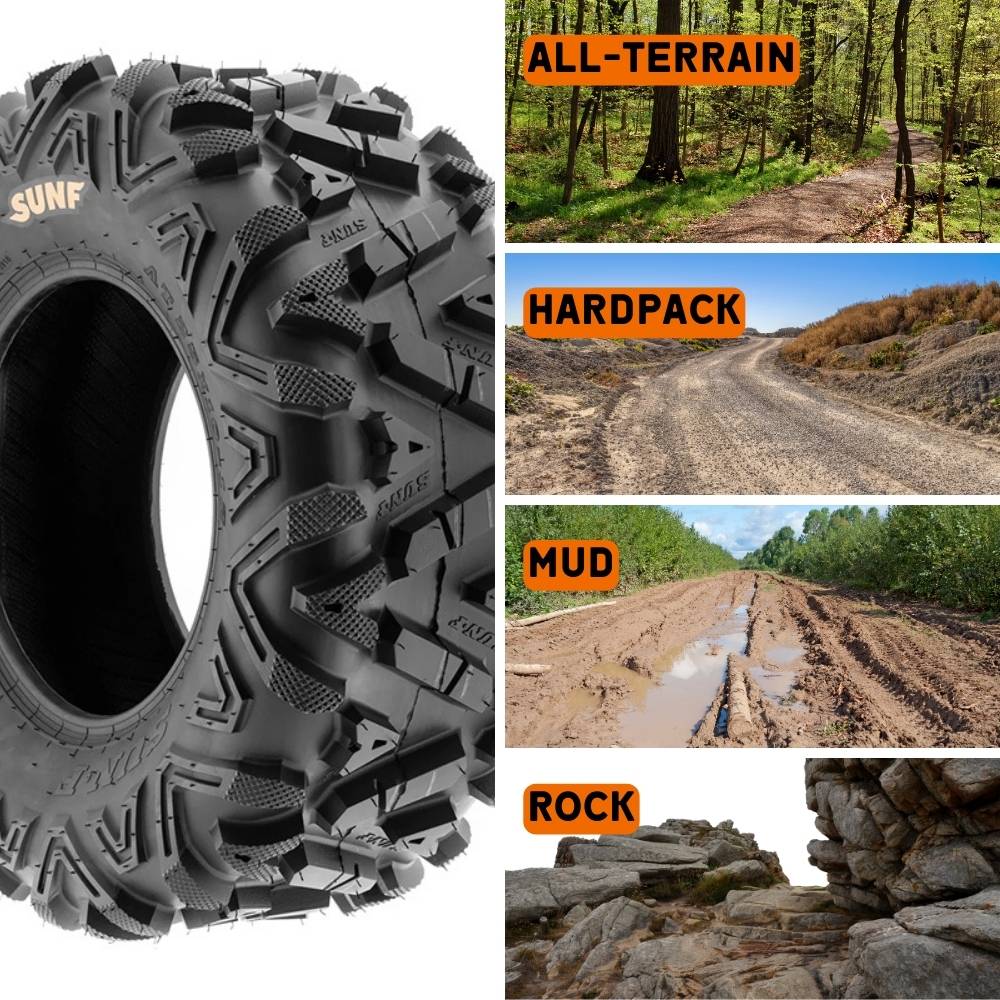 SunF® A033 Power 1 ATV / UTV Tire Terrain Application Chart for all-terrain, hardpack, mud, and rock use, suitable for a wide variety of terrain.