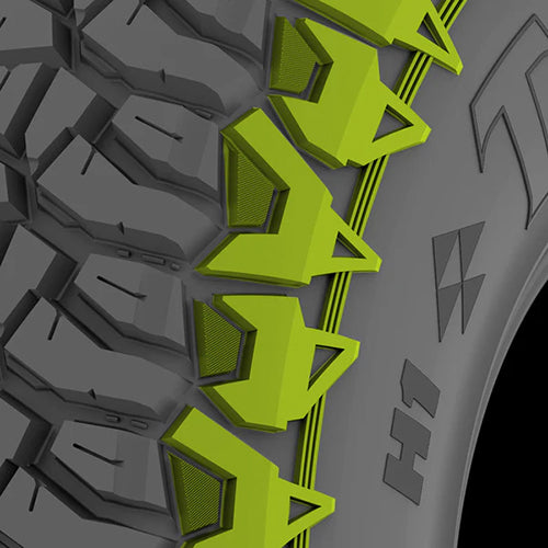 Close-up of a computer rendered image of the Valor Tango UTV tire with green and gray tread pattern showcasing the sidewall tread