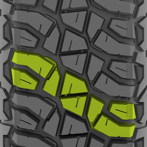 Close-up of the Valor Tango tire tread pattern with green and gray colors showcasing tread pattern across the face of the tire