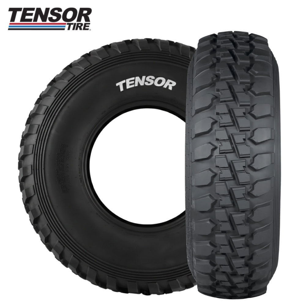 Two perpendicular Tensor Desert Series tires on white background with Tensor Tire logo