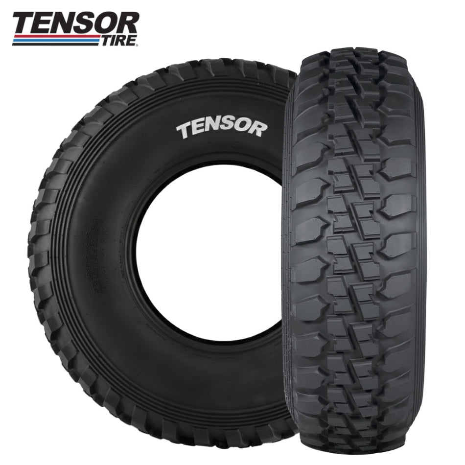 Two perpendicular Tensor Desert Series tires on white background with Tensor Tire logo