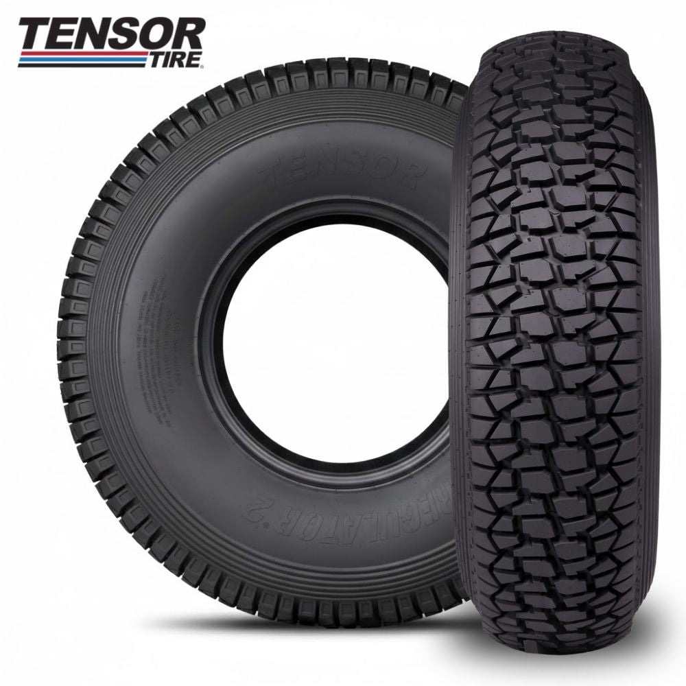 Two Tensor Regulator 2 tires at differing angles with white background, featuring the Tensor Tire logo.
