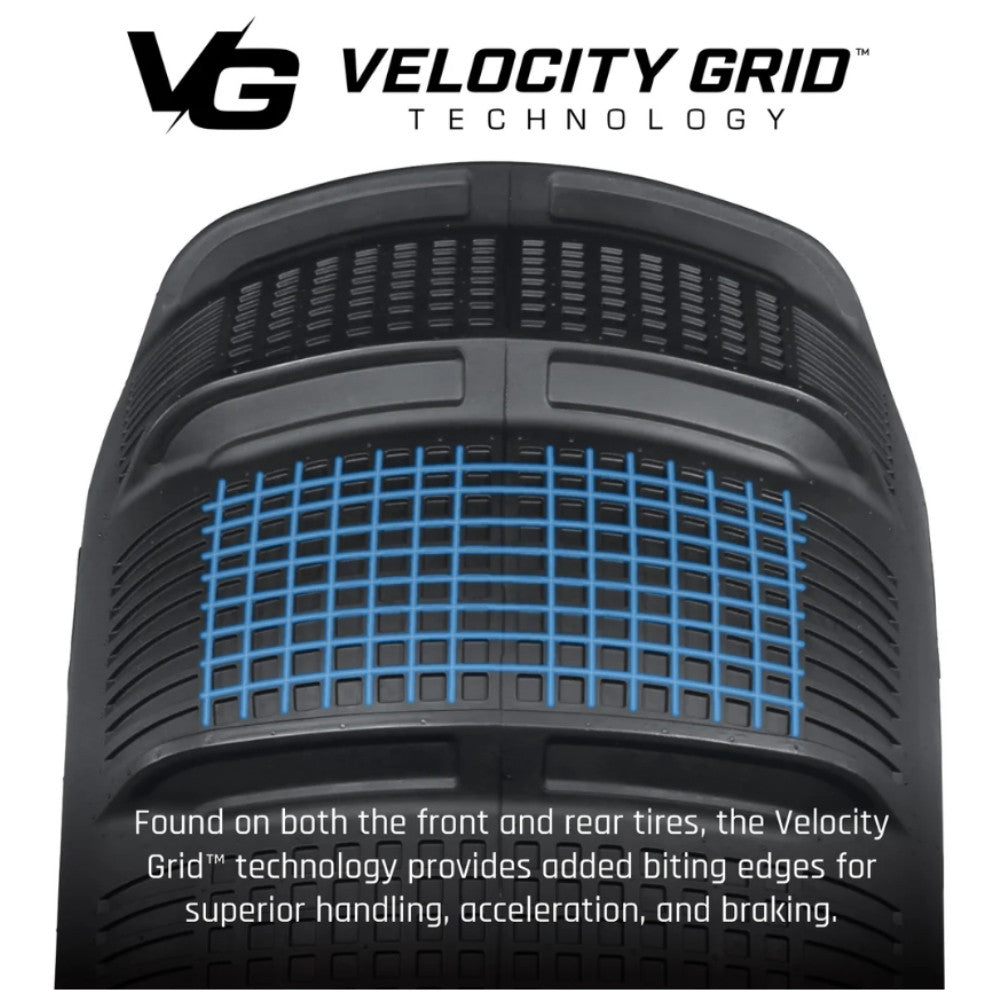 Tensor Velocity Grid Technology tread pattern. Text: Found on both the front and rear tires, the Velocity Grid technology provides added biting edges for superior handling, acceleration, and braking.