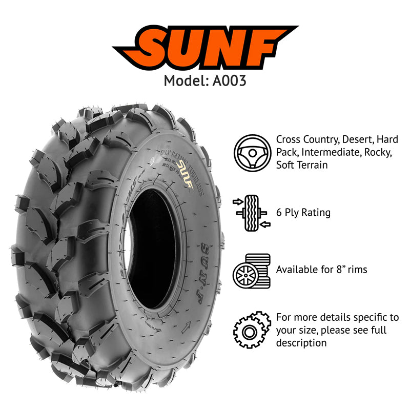 SunF Model A003 directional all-terrain atv tire feature photo, displaying the cross country desert hard pack intermediate rocky soft terrain application, 6-ply bias rating, availability for 8" wheels, offered with free shipping by Ride or Die Tire.