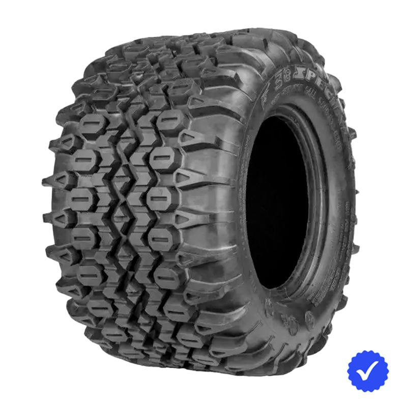 Angled view of the 38 SPECIAL OTR tire sold by Ride or Die Tire with free shipping, featuring high traction, unique design, 6-ply tough construction, and robust load capacity in 12" rim sizes for UTV, RTV, and ZTR mowers.