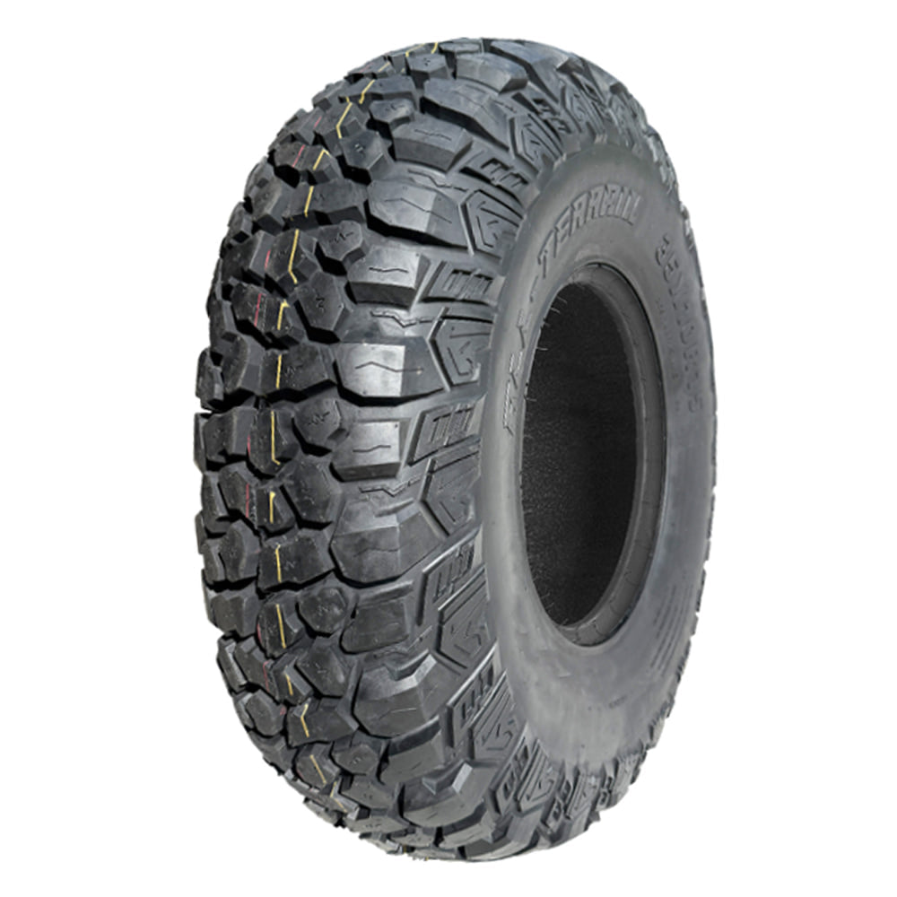 Angled view of the classic AMS All Terrain 8-Ply Radial UTV and SXS tire, manufactured with tough durable sidewalls, and offered in popular 14" and 15" wheel diameters with fast and free shipping by Ride or Die Tire.