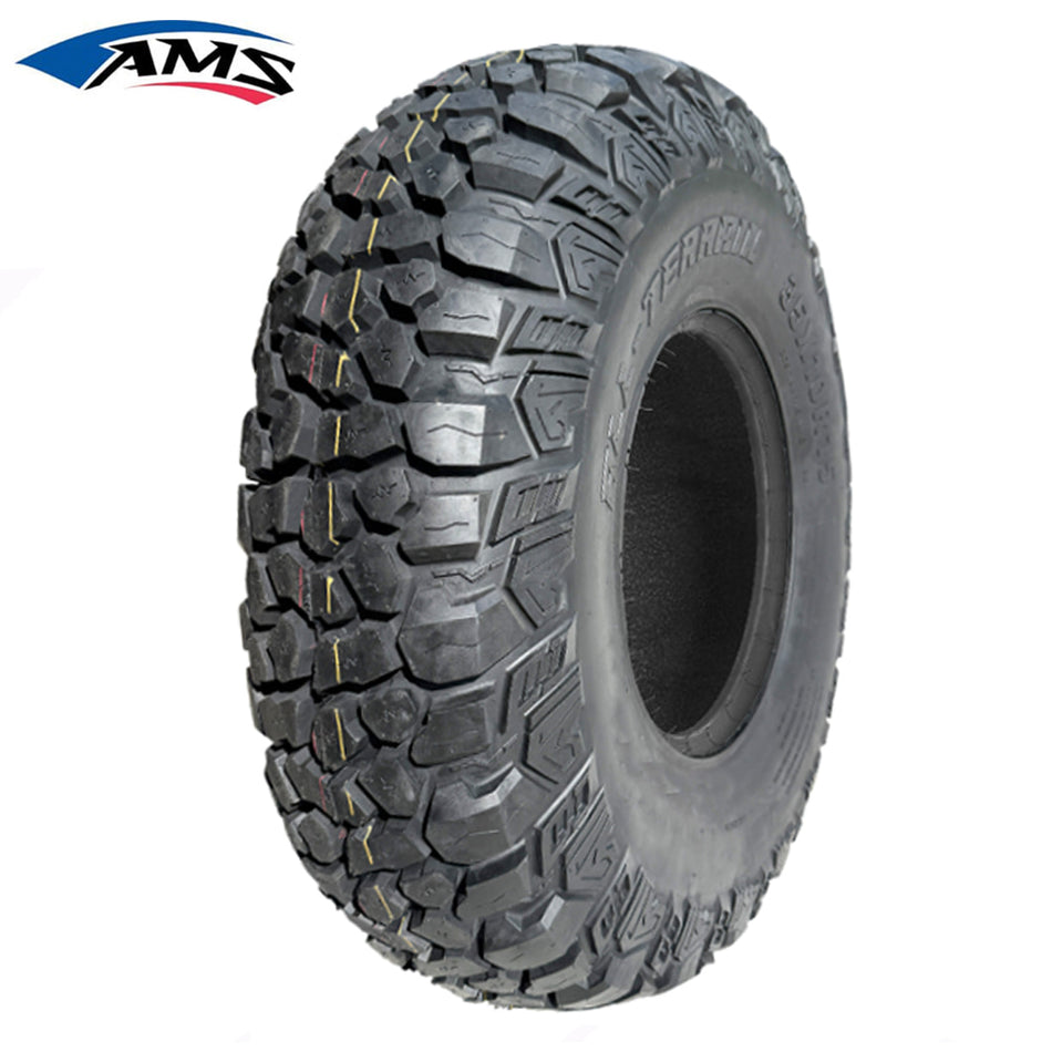 Main product photo of the AMS All-Terrain Radial UTV and Side-by-Side All Terrain tire, 8-ply construction, with high traction, reinforced sidewalls, long wearing tread design, available in all popular sizes in 14" and 15" wheel diameters, all offered with free shipping.