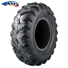 Main product listing view of the AMS Black Widow 6-ply Bias construction ATV and UTV tire, featuring a directional deep lug design for high traction as a mud tire and all terrain tire, available in sizes for 12" diameter wheels, offered for sale by Ride or Die Tire.