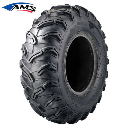 Main product listing view of the AMS Black Widow 6-ply Bias construction ATV and UTV tire, featuring a directional deep lug design for high traction as a mud tire and all terrain tire, available in sizes for 12" diameter wheels, offered for sale by Ride or Die Tire.