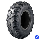 Angled view of the AMS Black Widow ATV tire, featuring an aggressive all-terrain directional tread pattern design and tough 6-ply bias construction, offered in 25x8-12, 25x10-12, 26x9-12, and 26x11-12 sizes, all with free shipping.