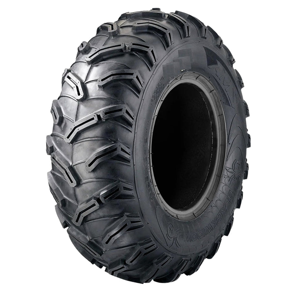 Angled view of the AMS Black Widow ATV tire, featuring an aggressive all-terrain directional tread pattern design and tough 6-ply bias construction, offered in 25x8-12, 25x10-12, 26x9-12, and 26x11-12 sizes, all with free shipping.