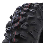 Close up detailed tread pattern and lug design view of the AMS Blacktail UTV radial all terrain tire, showcasing the multiple biting edges and pocketed lug design.