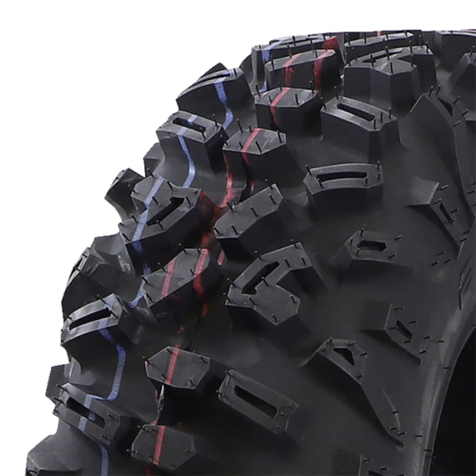 Close up detailed tread pattern and lug design view of the AMS Blacktail UTV radial all terrain tire, showcasing the multiple biting edges and pocketed lug design.