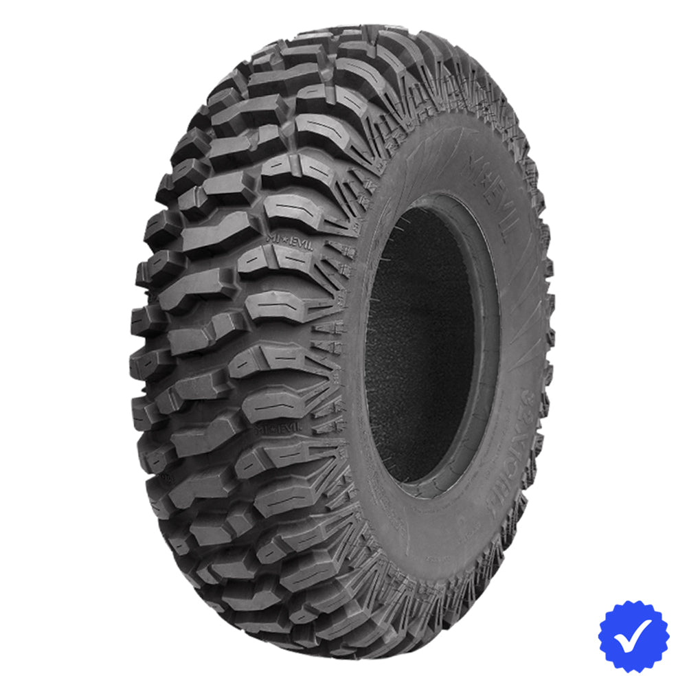 Angled view of the M1 Evil all-terrain 6-ply or 8-ply Radial UTV and SXS front tire, designed for high performance machines, featuring a smooth ride and rugged dependability, offered with free shipping from Ride or Die Tire.