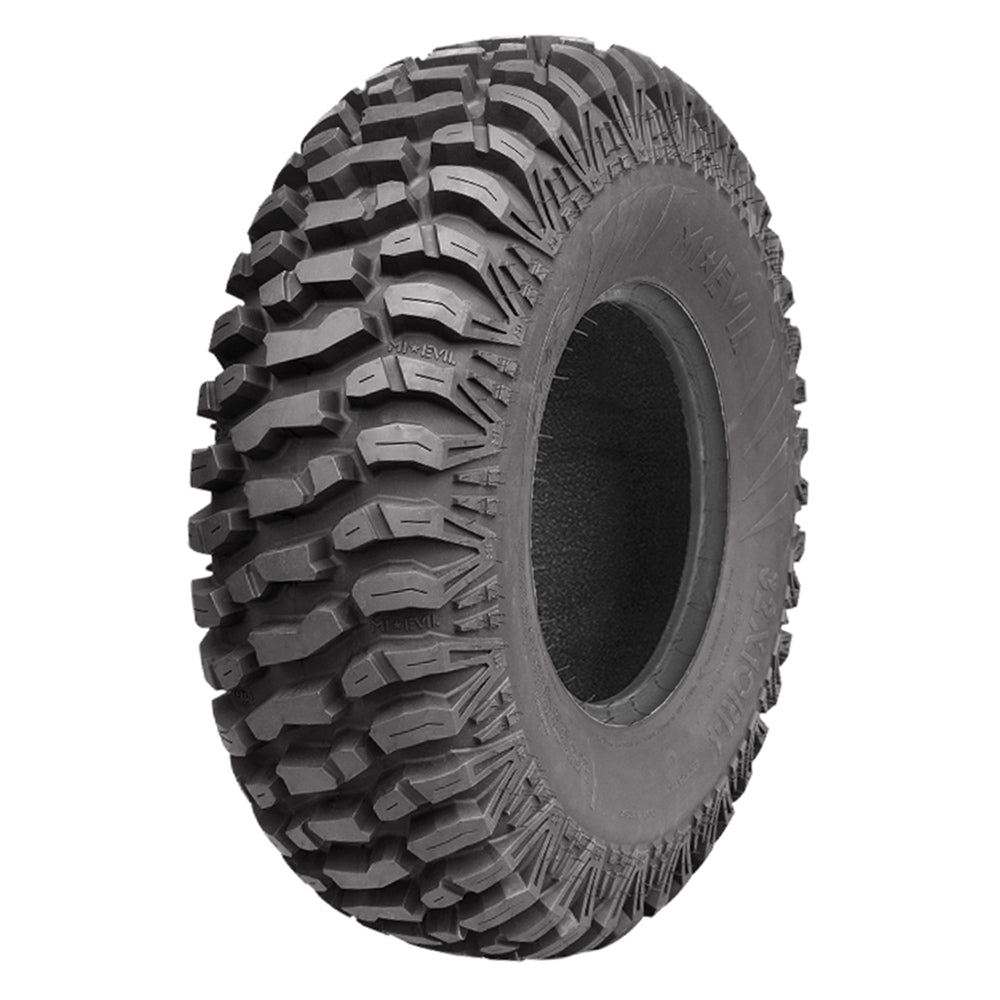 Angled view of the M1 Evil all-terrain 6-ply or 8-ply Radial UTV and SXS front tire, designed for high performance machines, featuring a smooth ride and rugged dependability, offered with free shipping from Ride or Die Tire.