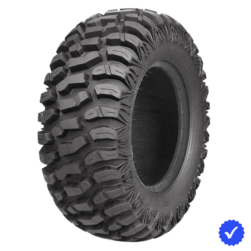 Angled view of the M1 Evil all-terrain 6-ply or 8-ply Radial UTV and SXS rear tire, designed for high performance machines, featuring a smooth ride and rugged dependability, offered with free shipping from Ride or Die Tire.