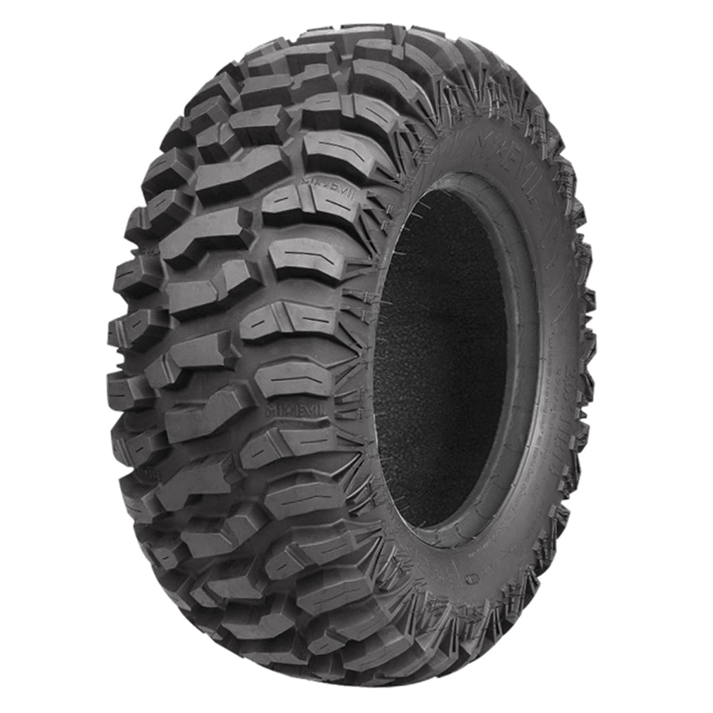 Angled view of the M1 Evil all-terrain 6-ply or 8-ply Radial UTV and SXS rear tire, designed for high performance machines, featuring a smooth ride and rugged dependability, offered with free shipping from Ride or Die Tire.