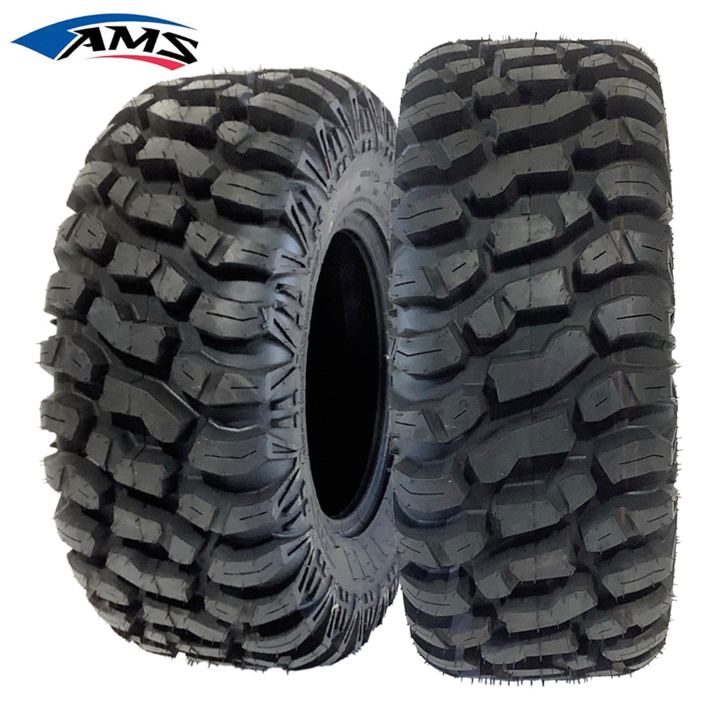 Main product photo of the AMS M1 Evil radial UTV and Side-by-Side All Terrain tires with high traction, long wearing tread design, available in all popular sizes in 12", 14", and 15" wheel diameters, all offered with free shipping.