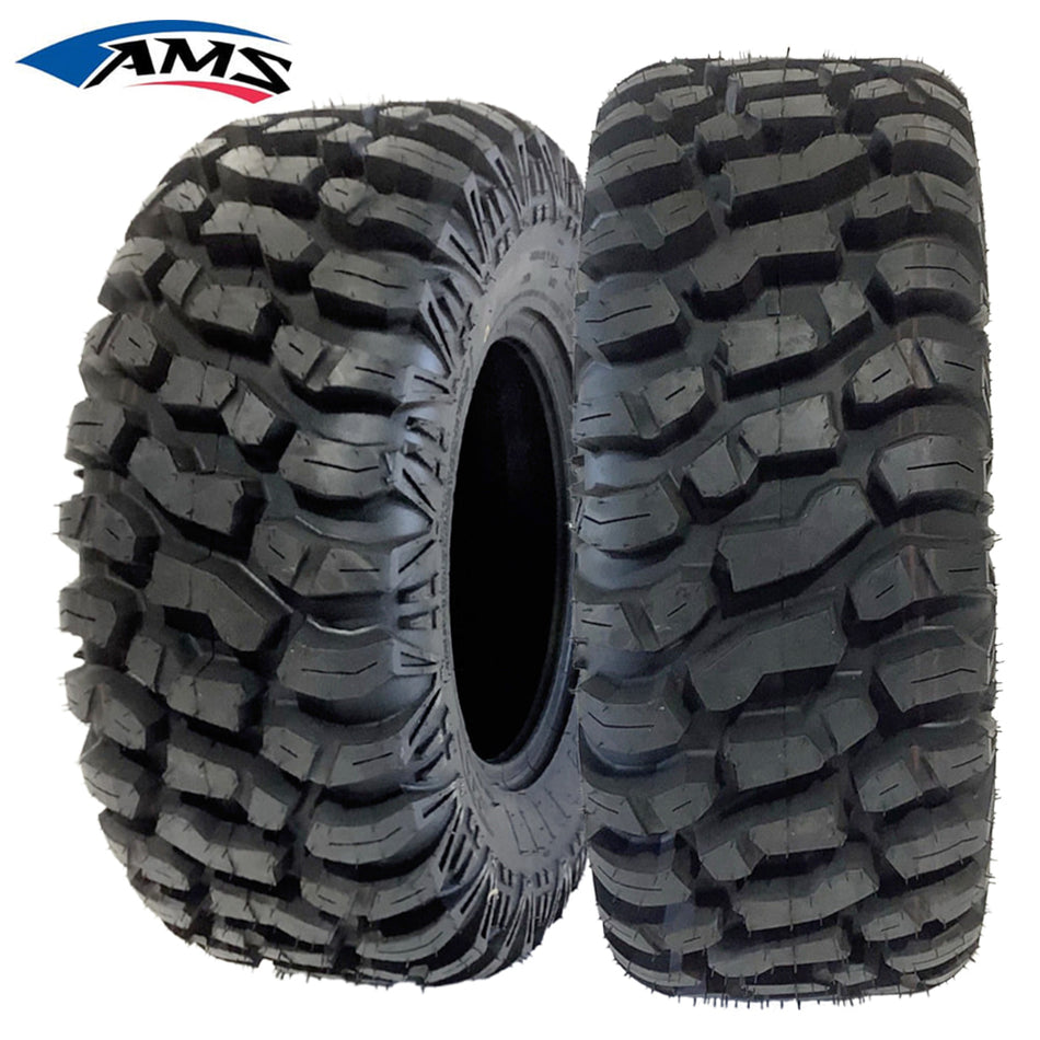 Main product photo of the AMS M1 Evil radial UTV and Side-by-Side All Terrain tires with high traction, long wearing tread design, available in all popular sizes in 12", 14", and 15" wheel diameters, all offered with free shipping.