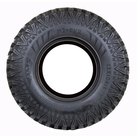 Full sidewall view of the new AMS Tire M2 Evil all-terrain UTV and SXS tire in 32x10R15 size, featuring aggressive shoulder lug design and heavy duty sidewall construciton.