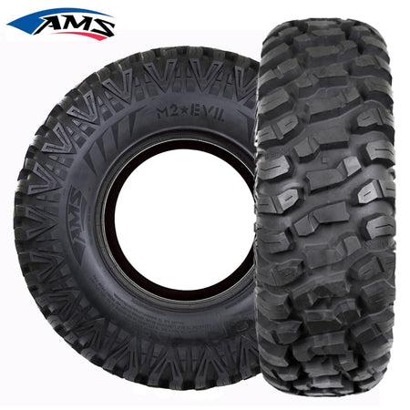 Main product photo of the AMS M2 Evil radial UTV and Side-by-Side All Terrain tires in 6-ply or 8-ply construction, with high traction, long wearing tread design, available in all popular sizes in 12", 14", and 15" wheel diameters, all offered with free shipping.