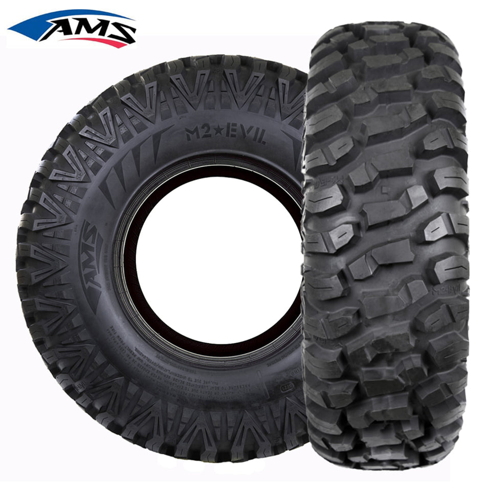 Main product photo of the AMS M2 Evil radial UTV and Side-by-Side All Terrain tires in 6-ply or 8-ply construction, with high traction, long wearing tread design, available in all popular sizes in 12", 14", and 15" wheel diameters, all offered with free shipping.